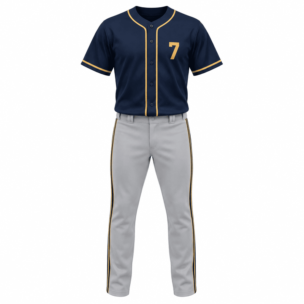 Custom Baseball Uniform – Navy & Gold front view Custom Baseball Uniform – Navy & Gold - front view - Zees Commerce