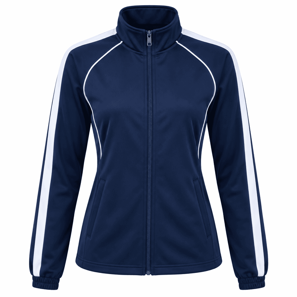 Custom Cheer & Dance Warm-Up Jacket – Navy & White front view Custom Cheer & Dance Warm-Up Jacket – Navy & White - front view - Zees Commerce