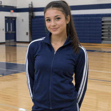 Custom Cheer & Dance Warm-Up Jacket – Navy & White - on model - Zees Commerce