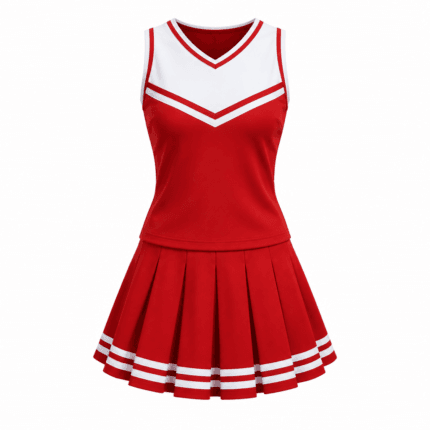 Custom Cheerleading Uniform – Red & White - front view - Zees Commerce