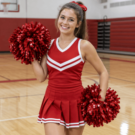 Custom Cheerleading Uniform – Red & White - on model - Zees Commerce