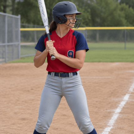 Custom Fastpitch Softball Uniform – Red & Navy - on model - Zees Commerce