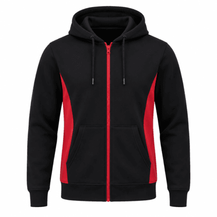 Custom Hoodie – Black & Red Full-Zip - front view - Zees Commerce