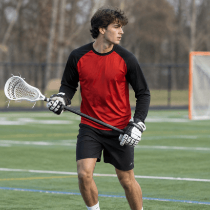 Custom Lacrosse Shooter Shirt – Red & Black - on model - Zees Commerce