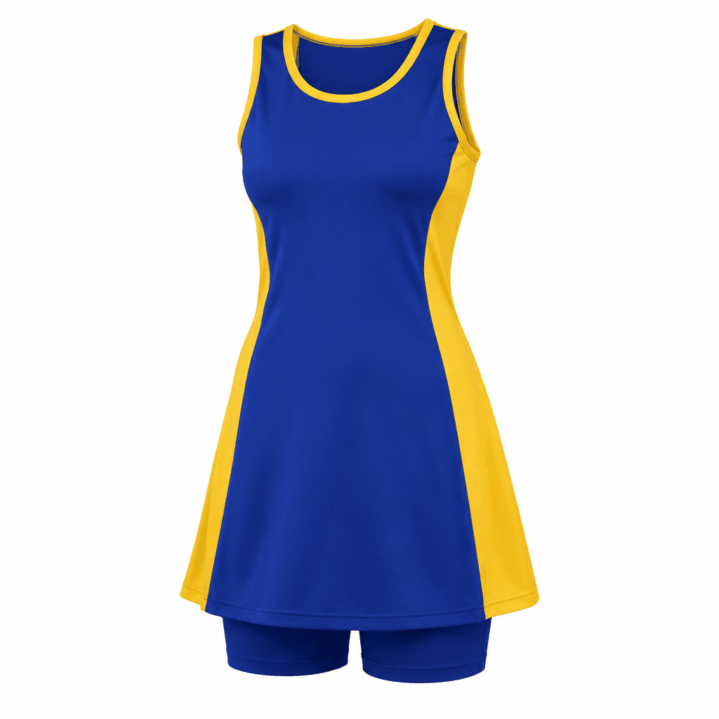 Custom Netball Dress – Royal Blue & Yellow front view Custom Netball Dress – Royal Blue & Yellow - front view - Zees Commerce