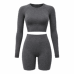 Custom Seamless Long-Sleeve Crop & Biker Set - front view - Zees Commerce