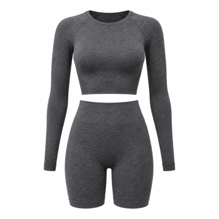 Custom Seamless Long-Sleeve Crop & Biker Set - front view - Zees Commerce