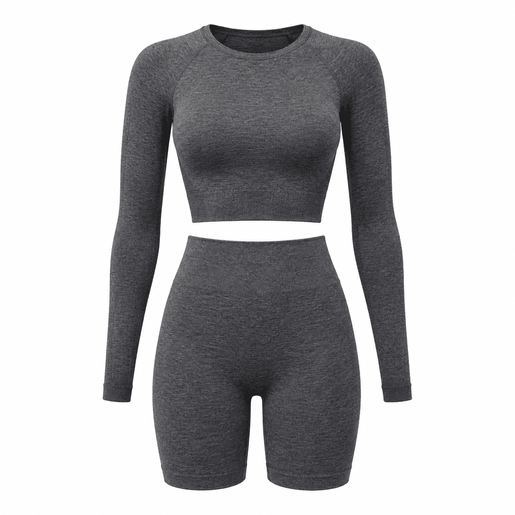 Custom Seamless Long-Sleeve Crop & Biker Set front view Custom Seamless Long-Sleeve Crop & Biker Set - front view - Zees Commerce