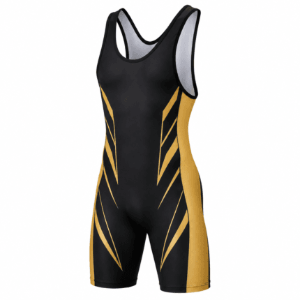 Custom Sublimated Wrestling Singlet – Black & Gold - front view - Zees Commerce