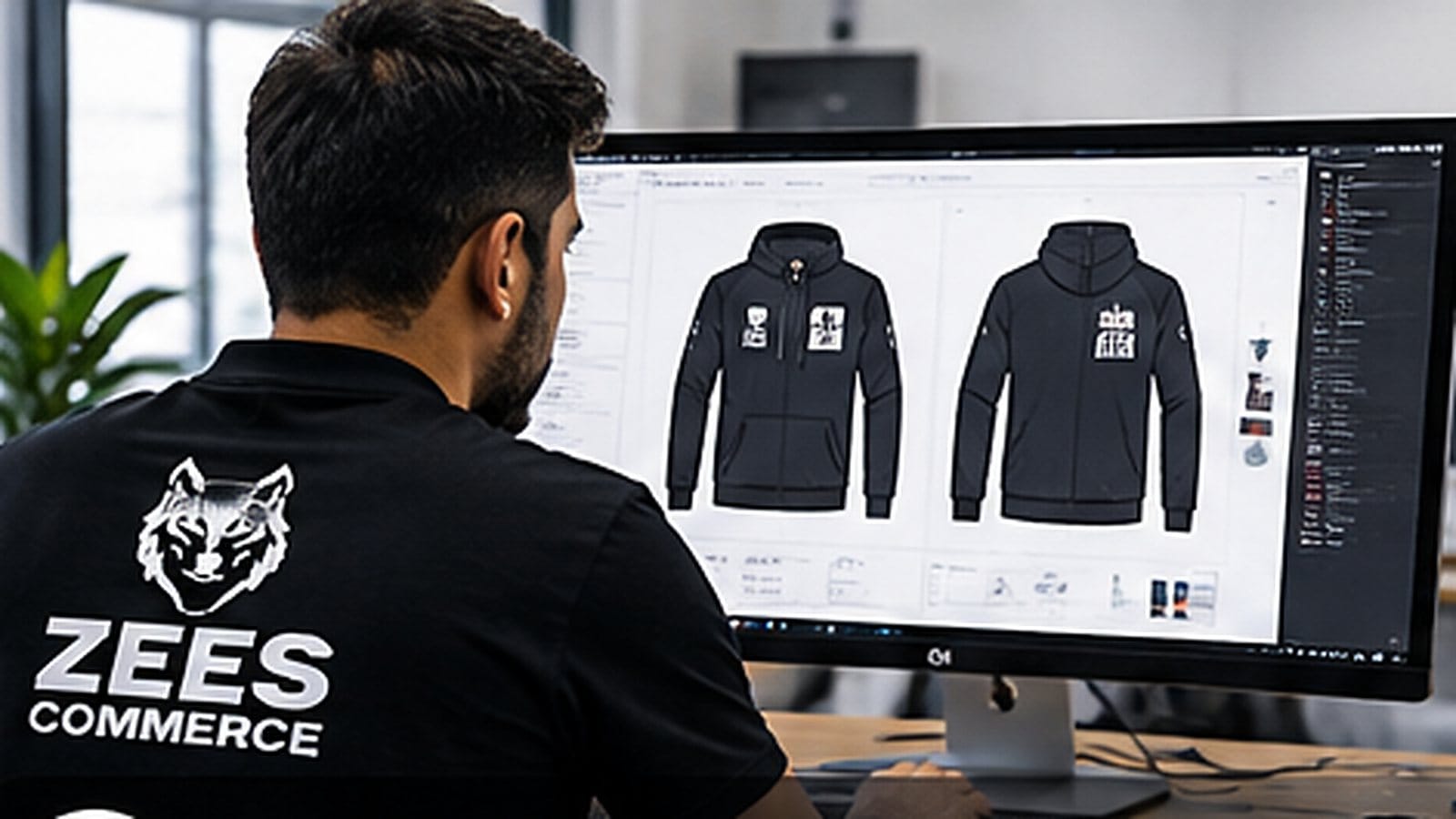 Zees Commerce design team preparing a hoodie mock-up on screen